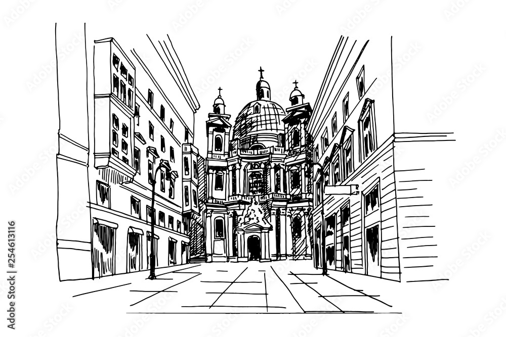 Vector sketch of St. Peter's Catholic Church. Vienna, Austria 