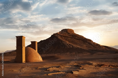 Towers of silence at sunset. Iran. The historical site of ancient Persia. photo