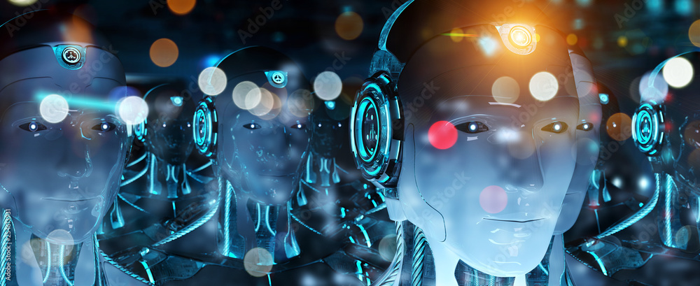 Group of male robots following leader cyborg army 3d rendering Group of male robots following leader cyborg army 3d rendering