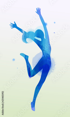 Watercolor of woman jumping into the air isolated on white background. Vector illustration.
