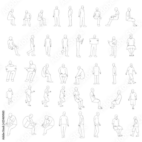 Set with outlines of people in different positions. The outlines of people sit, stand, go. Vector illustration