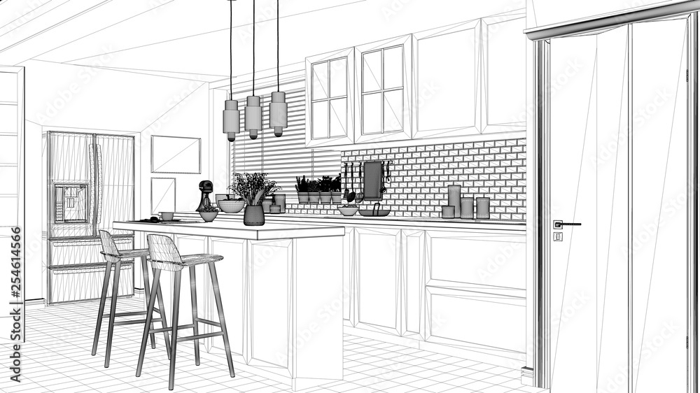 Obraz Interior design project, black and white ink sketch, architecture blueprint showing scandinavian minimalistic kitchen with island and stools, contemporary architecture