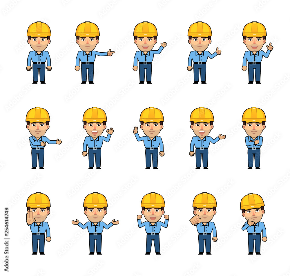 Set of workman characters showing various hand gestures. Funny worker pointing, greeting, waving, showing thumb up, victory, stop sign and other hand gestures. Simple style vector illustration Set of workman characters showing various hand gestures. Funny worker pointing, greeting, waving, showing thumb up, victory, stop sign and other hand gestures. Simple style vector illustration
