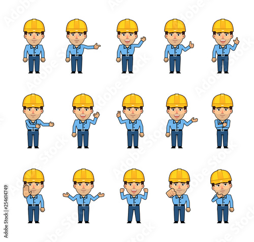 Set of workman characters showing various hand gestures. Funny worker pointing, greeting, waving, showing thumb up, victory, stop sign and other hand gestures. Simple style vector illustration
