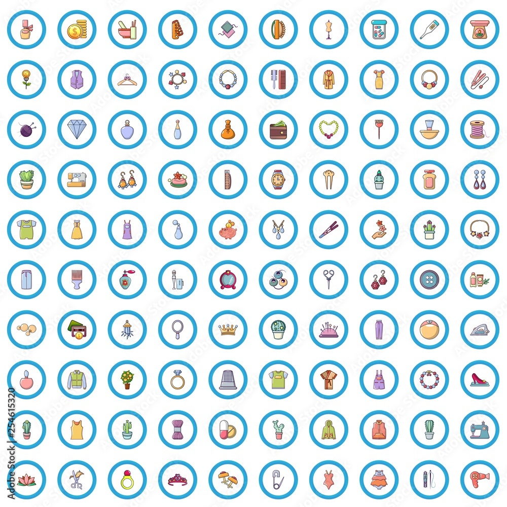 100 female goods icons set. Cartoon illustration of 100 female goods vector icons isolated on white background