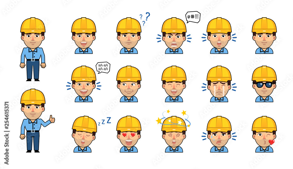 Set of workman emoticons. Kawaii worker emojis showing diverse facial expressions. Happy, sad, laugh, surprised, think, angry, dazed, sleepy, serious and other emotions. Simple vector illustration Set of workman emoticons. Kawaii worker emojis showing diverse facial expressions. Happy, sad, laugh, surprised, think, angry, dazed, sleepy, serious and other emotions. Simple vector illustration