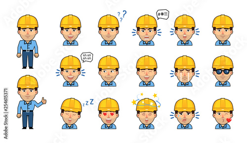 Set of workman emoticons. Kawaii worker emojis showing diverse facial expressions. Happy, sad, laugh, surprised, think, angry, dazed, sleepy, serious and other emotions. Simple vector illustration