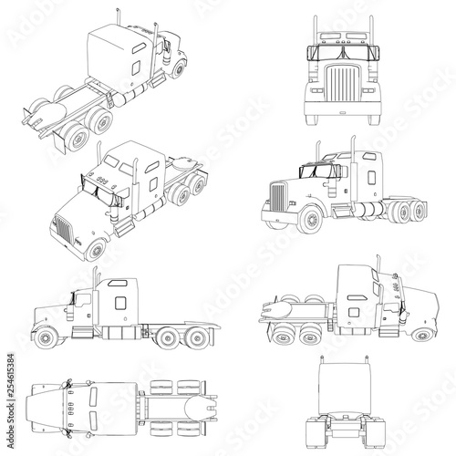 Set with the contours of the truck without a trailer in different positions. The contour of the truck front, side, rear view, isometric. Vector illustration