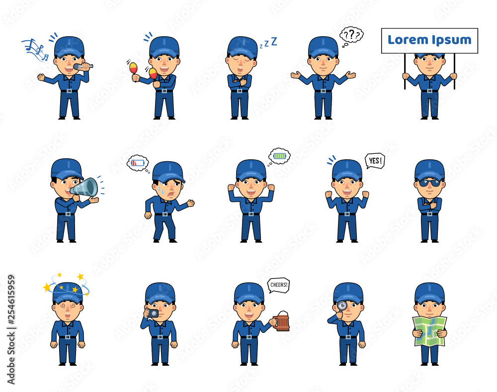 Set of workman characters showing various actions, emotions. Funny worker singing, celebrating, sleeping, thinking, holding placard, loudspeaker and doing other actions. Simple vector illustration