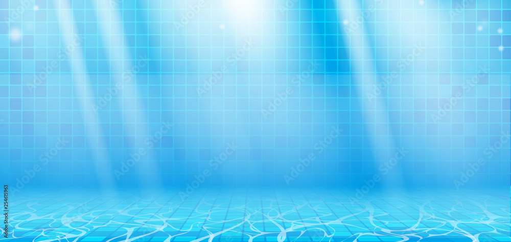 Blue Summer Water Waves with Reflections in Swimming Pool - obrazy, fototapety, plakaty 