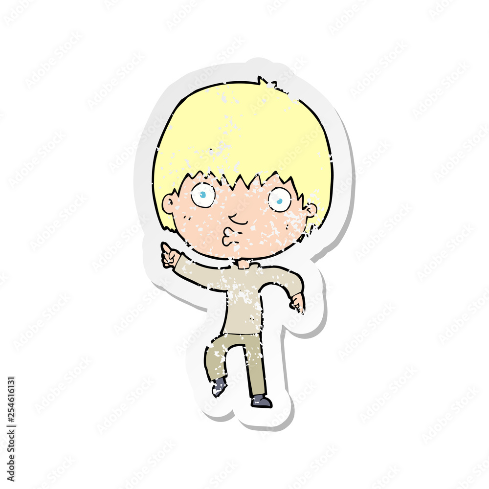 retro distressed sticker of a cartoon impressed boy pointing retro distressed sticker of a cartoon impressed boy pointing