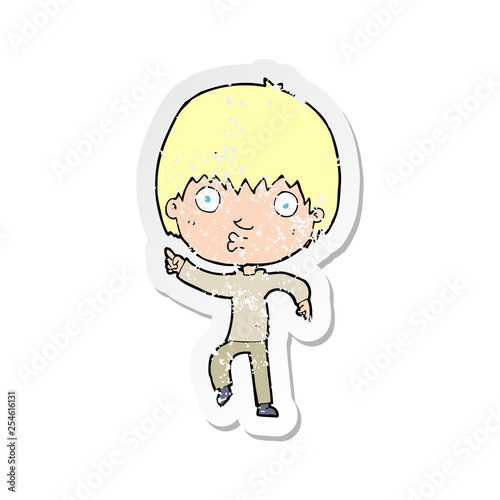 retro distressed sticker of a cartoon impressed boy pointing
