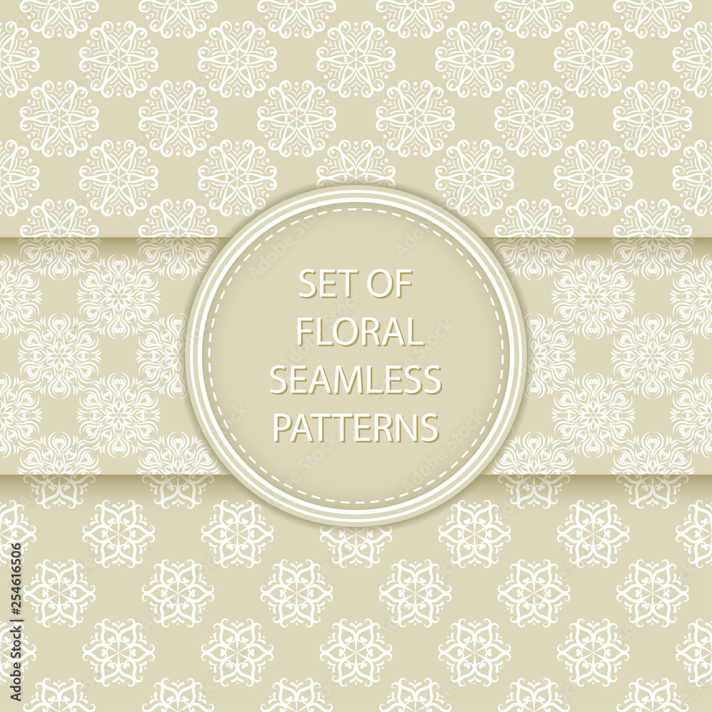Floral seamless patterns compilation. White designs on olive green backgrounds Floral seamless patterns compilation. White designs on olive green backgrounds
