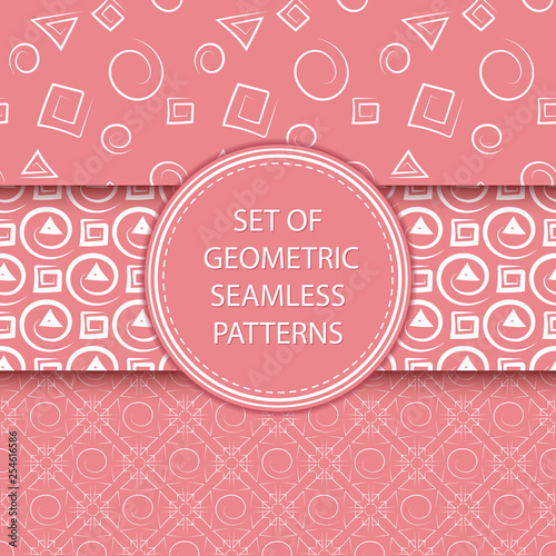 Compilation of geometric seamless patterns. White designs on pink background
