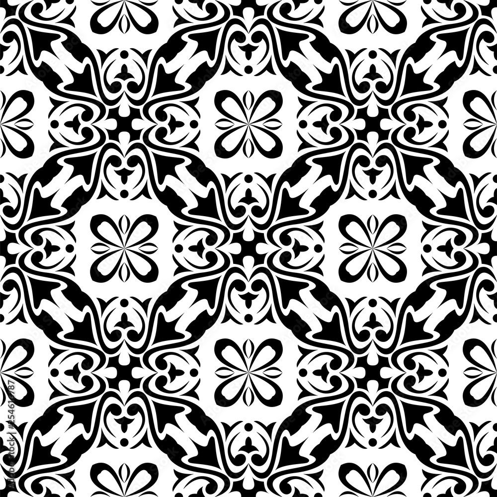 Floral black and white seamless pattern