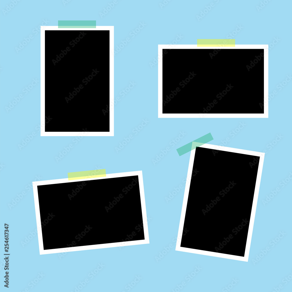 Set of photo frames isolated on light blue background with stick tape. Realistic mockups. Color adhesive tapes. Template for putting photos or images. Set of photo frames isolated on light blue background with stick tape. Realistic mockups. Color adhesive tapes. Template for putting photos or images.