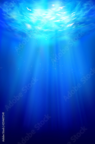 Underwater view. Sea depth. Sun rays. Vector illustration.