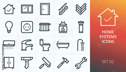 Home rapair and systems icons set. Set of house door, window, stairs, electric, toilet, shower, faucet, furniture, wrench, hummer, fireplace vector icons