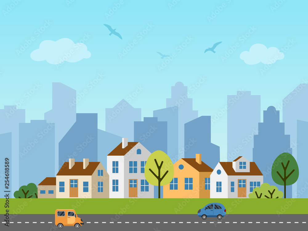 City urban vector landscape. Panorama of cottages in front of skyscrapers. Birds in the sky, cars on the road.