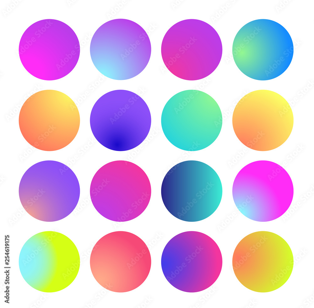 Rounded holographic gradient sphere. Multicolor green purple yellow orange pink cyan fluid circle gradients, colorful soft round buttons or vivid color spheres flat set