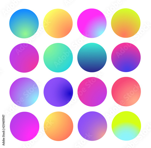Rounded holographic gradient sphere. Multicolor green purple yellow orange pink cyan fluid circle gradients  colorful soft round buttons or vivid color spheres flat set