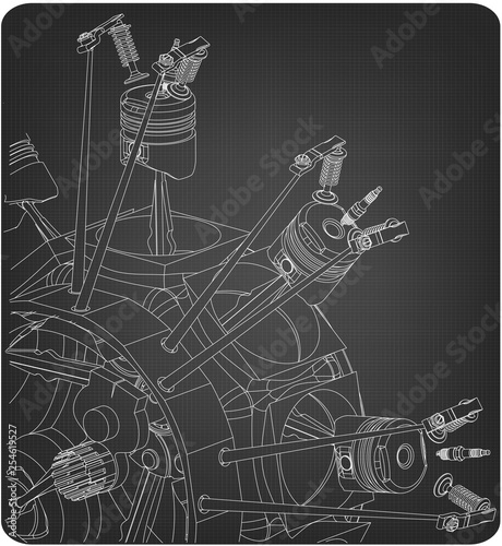 Disassembled radial engine on a gray