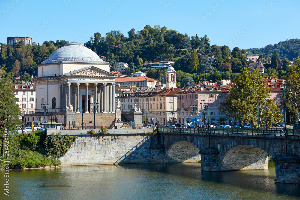 Gran Madre di Dio church in Turin and Po river in a sunny summer day in Italy