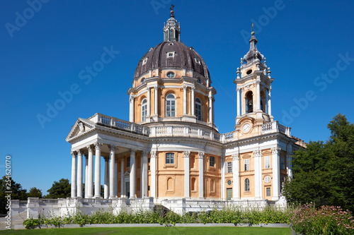 Superga basilica on Turin hills in a sunny summer day, clear blue sky in Italy