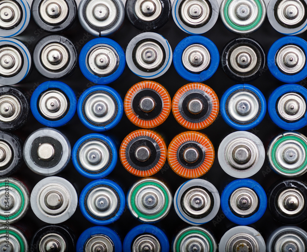 Closeup top view on rows of selection  old batteries