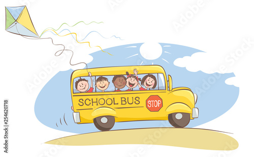 Cheerful  kids on the school bus / Vector illustration on a theme "back to school"