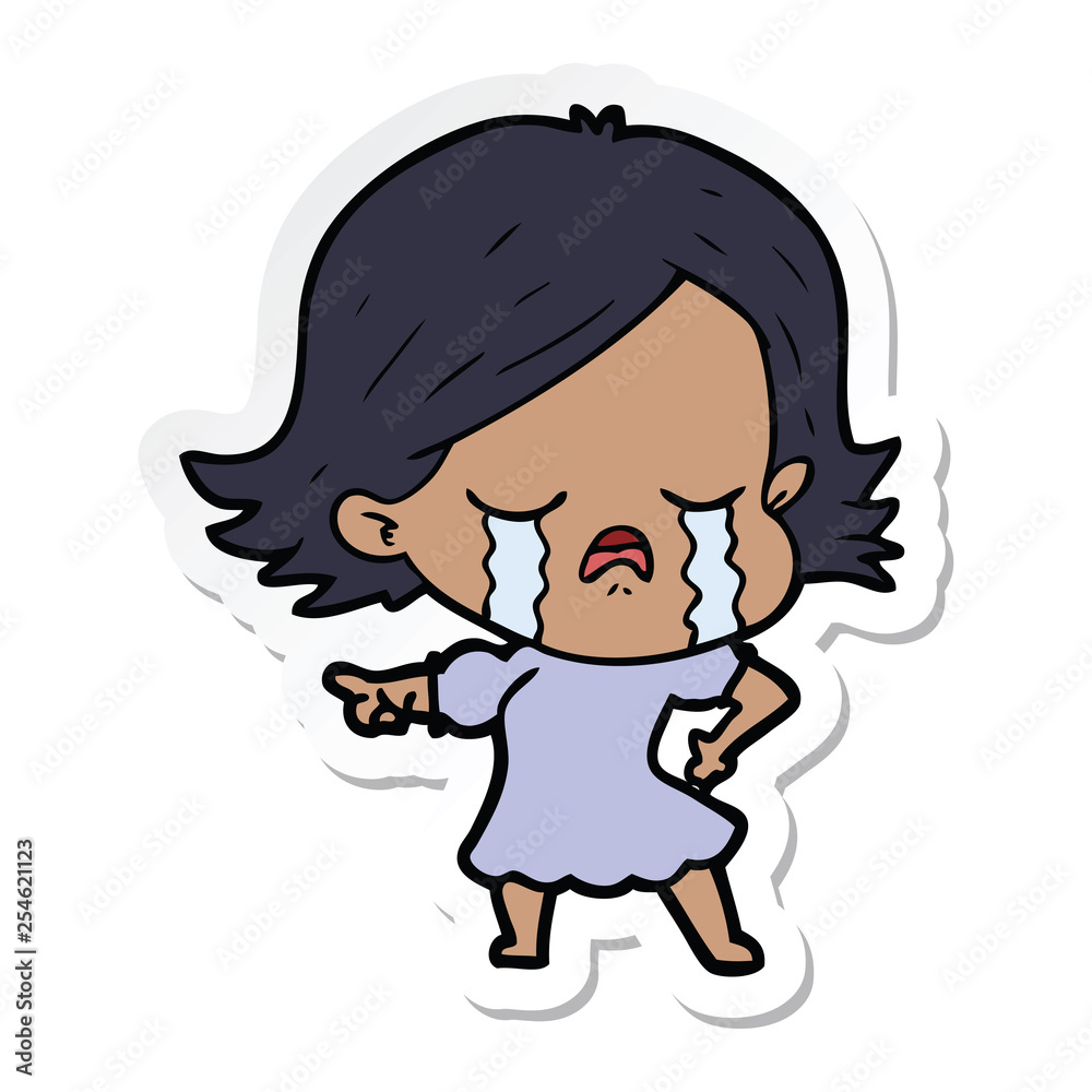 sticker of a cartoon girl crying and pointing sticker of a cartoon girl crying and pointing