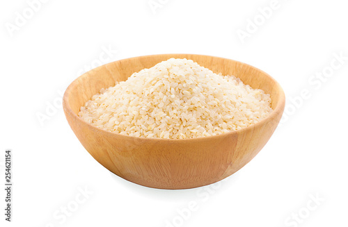 white rice (Thai Jasmine rice) in wooden bowl an  isolated on white background