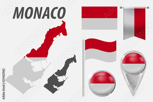 MONACO. Collection of symbols in colors national flag on various objects isolated on white background. Flag, pointer, button, waving and hanging flag, detailed outline map and country inside flag.