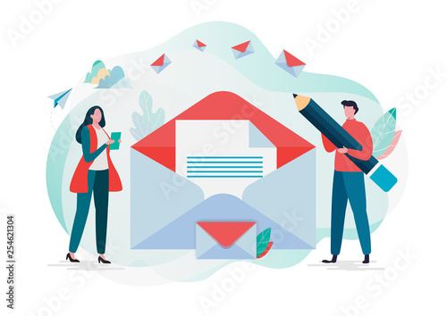 People hold mail. Working process, New email message, mail notification. Social network,chatting,reading letter, New incoming message, sms, spam. Vector illustration background. Flat cartoon character
