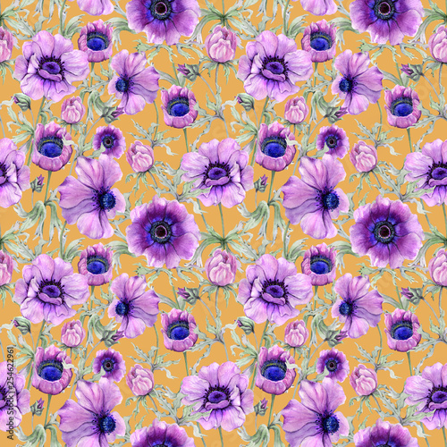 Beautiful anemone flower with green leaves on bright orange background. Seaml...