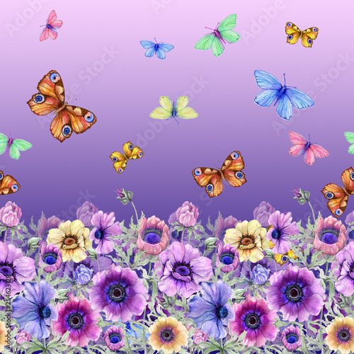 Beautiful colorful anemone flowers and flying butterflies with green leaves o...