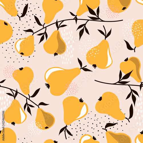 Pears background. Hand drawn overlapping backdrop. Colorful wallpaper vector. Seamless pattern with fruits collection. Decorative illustration, good for printing. Design poster