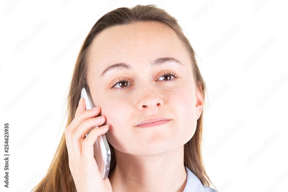 serious business portrait young woman talking on the phone serious business portrait young woman talking on the phone