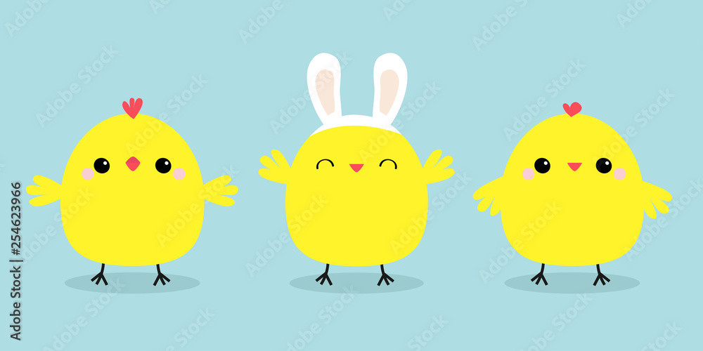 Chicken bird set line. Face head wearing rabbit bunny ears band. Cute cartoon funny kawaii baby character. Happy Easter. Friends forever. Flat design. Greeting card. Blue pastel color background. Chicken bird set line. Face head wearing rabbit bunny ears band. Cute cartoon funny kawaii baby character. Happy Easter. Friends forever. Flat design. Greeting card. Blue pastel color background.