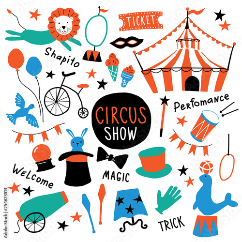 Circus cute symbols set. Shapito show with tent, animals, acrobat and magician equipment, performance elements. Funny doodle hand drawn cartoon vector illustration. Isolated on white.