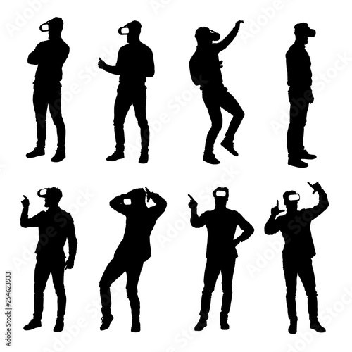 Set of business man using virtual reality glasses headset.  Easy editable layered vector illustration.