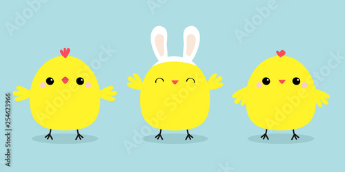 Chicken bird set line. Face head wearing rabbit bunny ears band. Cute cartoon funny kawaii baby character. Happy Easter. Friends forever. Flat design. Greeting card. Blue pastel color background.