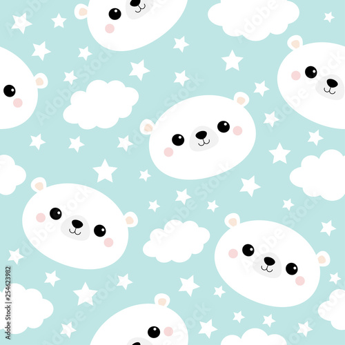 White bear bunny face. Seamless Pattern. Cloud in the sky. Cute cartoon kawaii funny smiling baby character. Wrapping paper, textile template. Nursery decoration. Blue background. Flat design