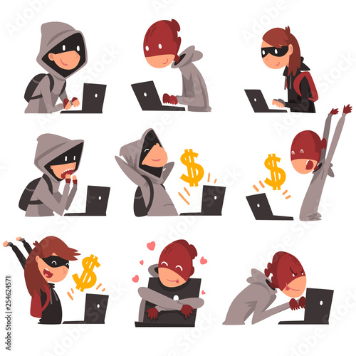Collection of Hackers in Masks Stealing Information and Money Using Laptop, Internet Crime, Computer Security Technology Vector Illustration