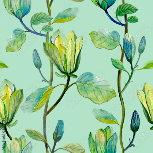 Beautiful magnolia flower tropical pattern. Seamless tropical pattern on green mint background.
