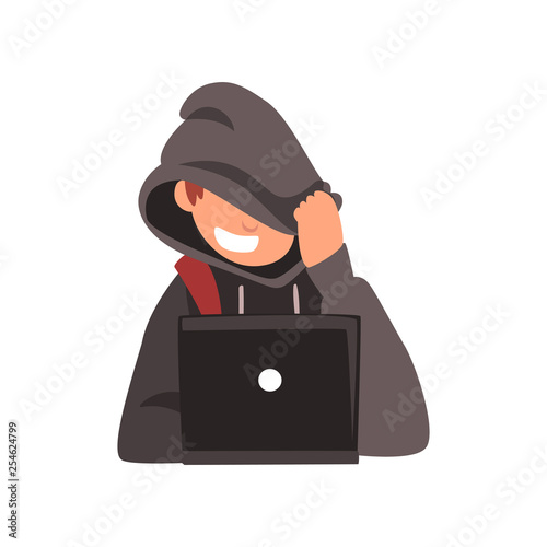 Hacker Hiding his Face Under Hood Trying to Cyber Attack Using Laptop, Internet Crime, Computer Security Technology Cartoon Vector Illustration