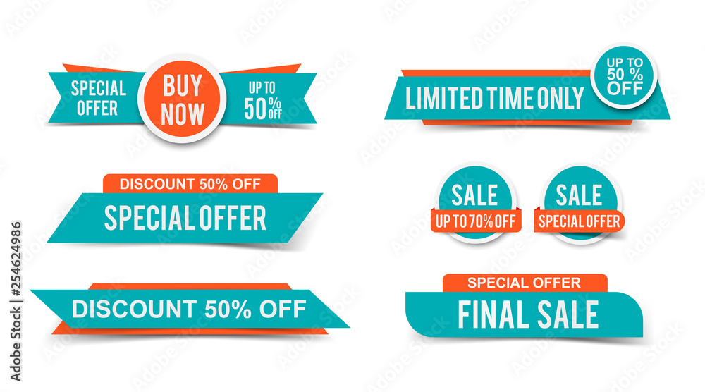 Set of Sale tags or banners, special offer headers, discount stickers. Vector elements for website design - obrazy, fototapety, plakaty 