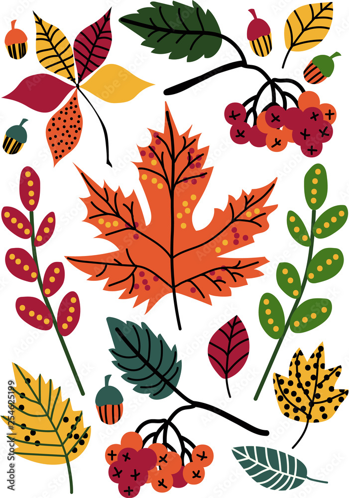 Colorful Autumn Leaves and Berries, Floral Seamless Pattern, Seasonal Decor Vector Illustration