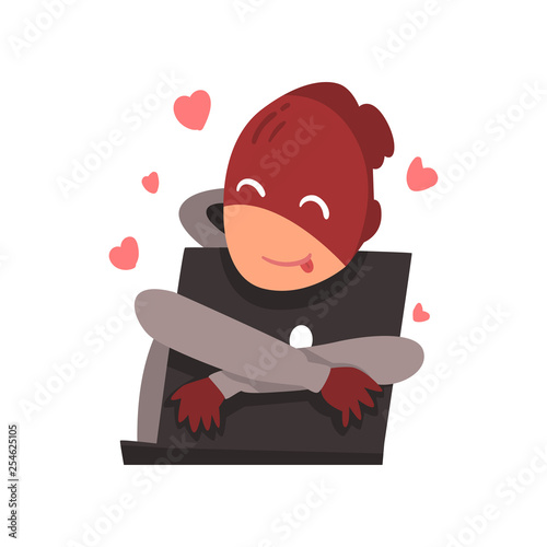 Hacker in Mask Hugging Laptop, Internet Crime, Computer Security Technology Cartoon Vector Illustration