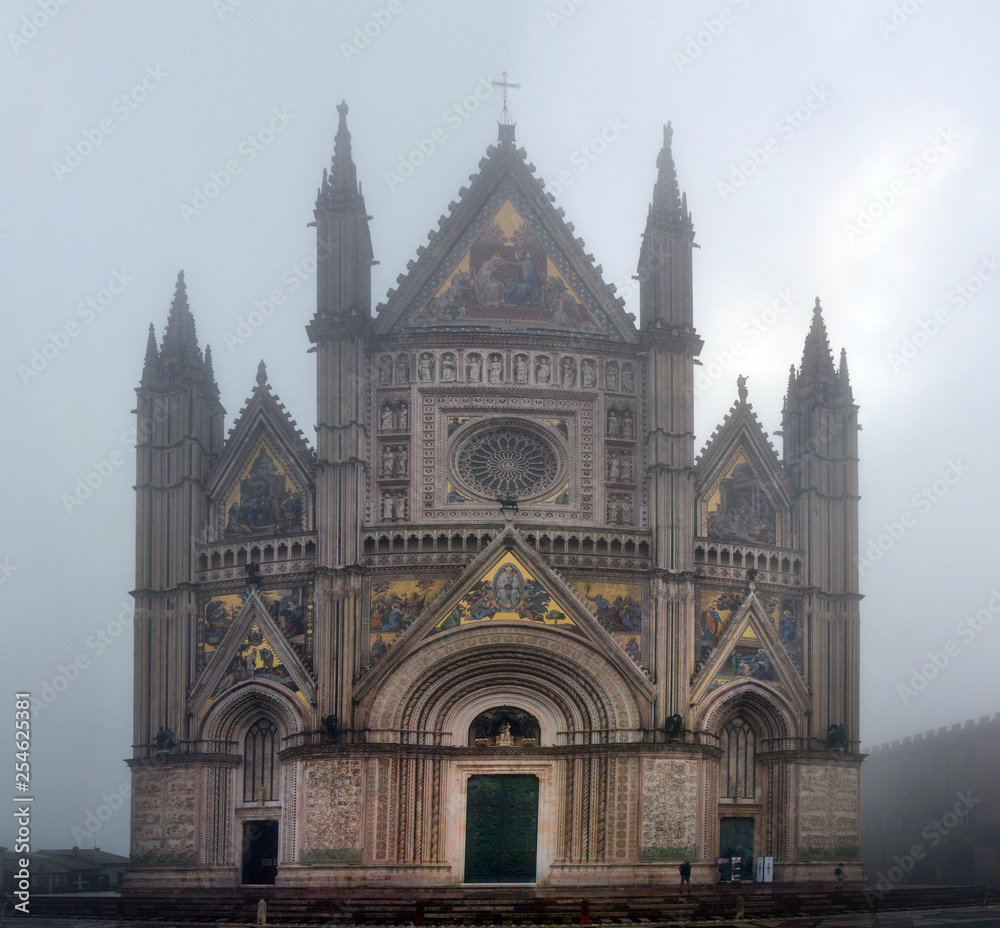 Panoramic view of Cathedral of Orvieto  morning in the fog (Duomo di Orvieto)
